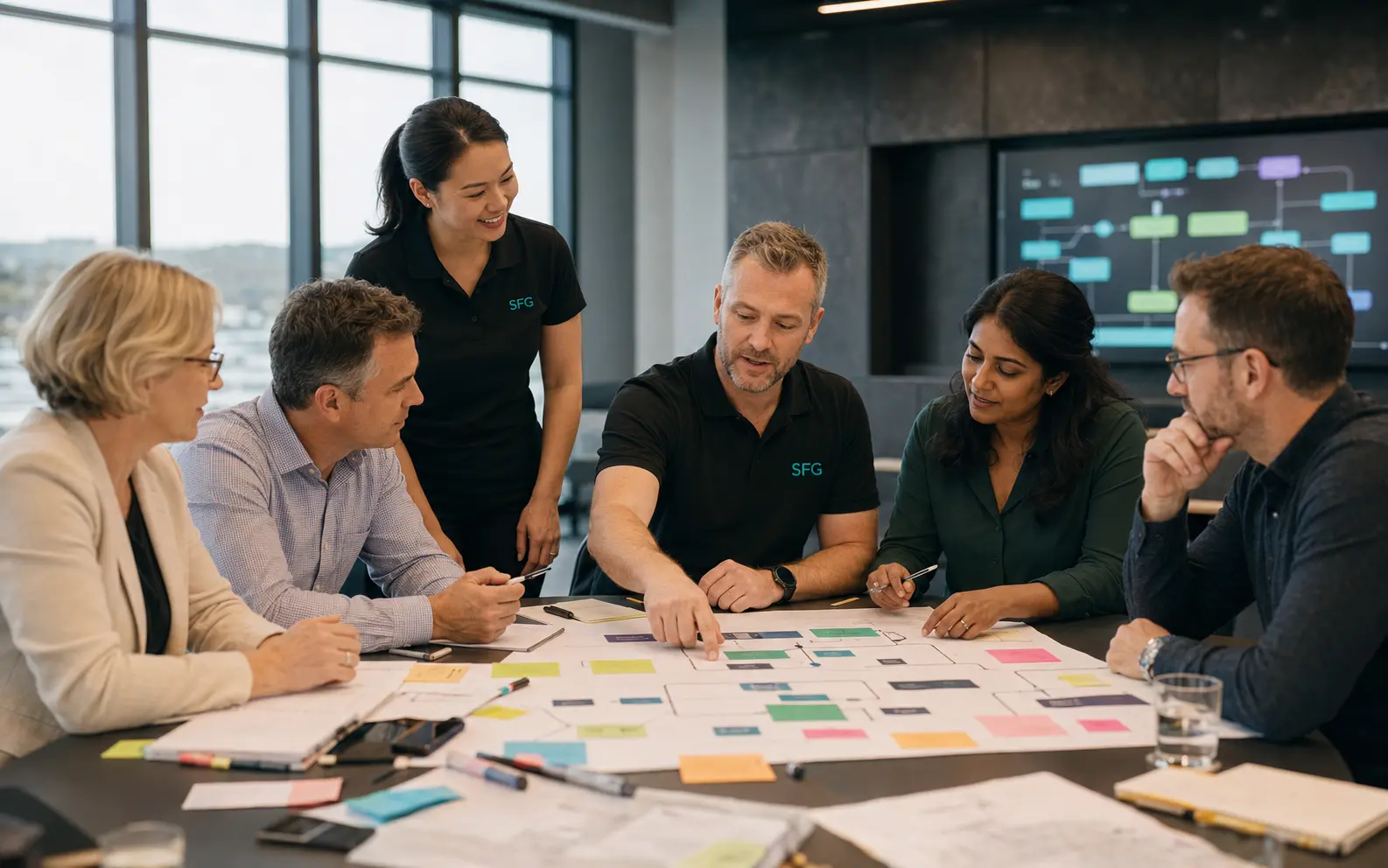 SFG facilitators working with client leaders during a collaborative transformation workshop